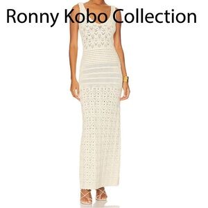 Ronny Kobo collection S cream knit long dress with slit, crochet style time